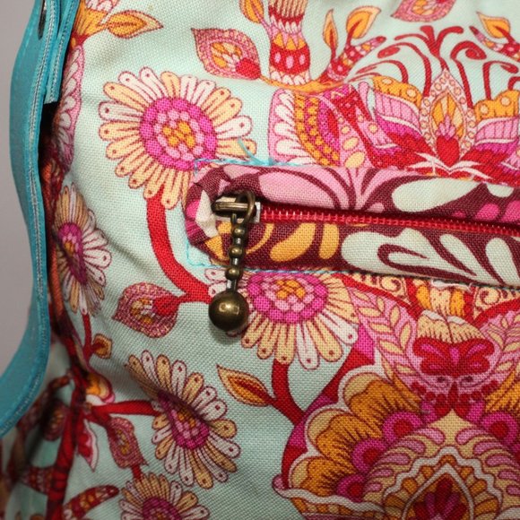 Karried Astray Teal Green Faux Leather Floral Fabric Satchel Shoulder Purse - Picture 11 of 14